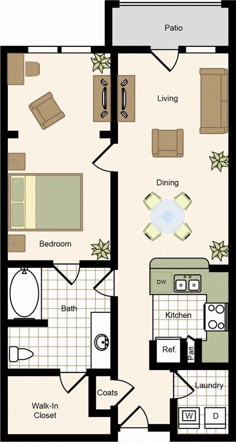Floor plan for 1 bed, 1 bath, 984 sqft